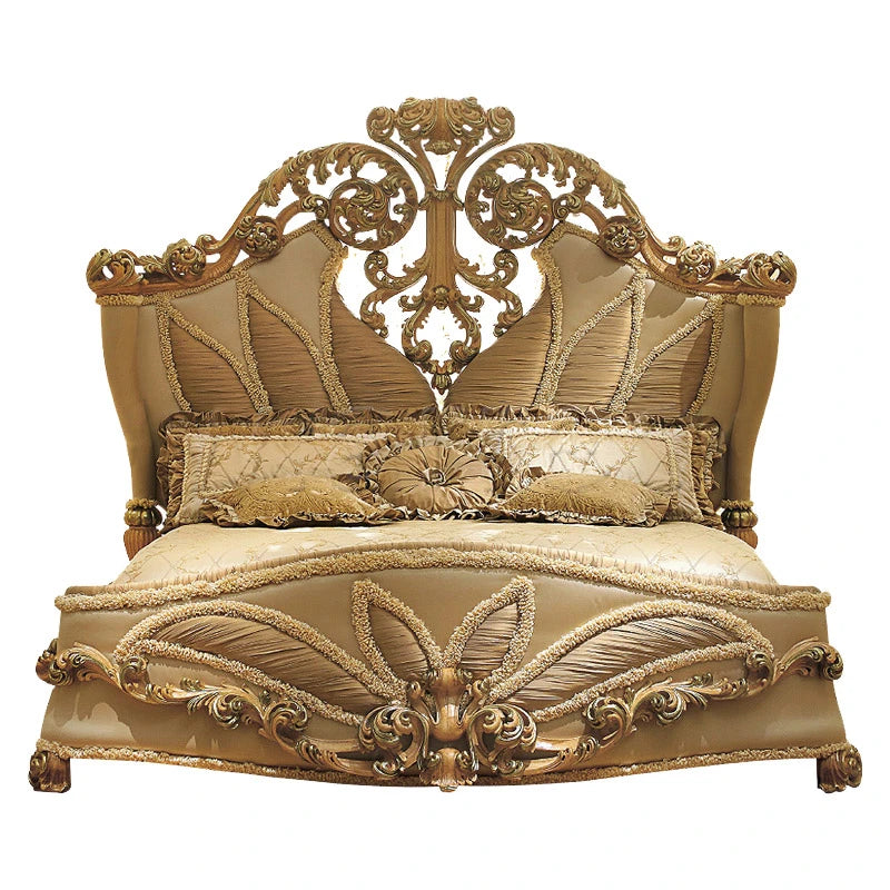 French Luxury Fabric Double Bed 2-meter Villa Court European Solid Wood Carved Wedding Bed Furniture Customization