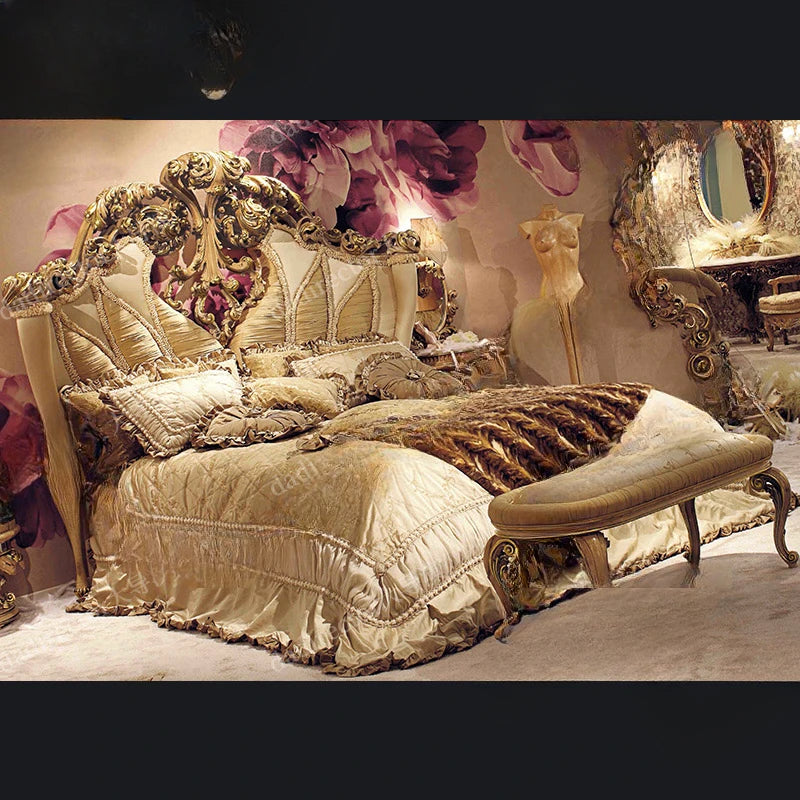 French Luxury Fabric Double Bed 2-meter Villa Court European Solid Wood Carved Wedding Bed Furniture Customization