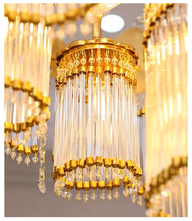 French Restaurant Crystal Chandelier Dewaxing Copper Long Hanging Lamp Villa Luxury Creative Pendant Lights Dining Room Hotel