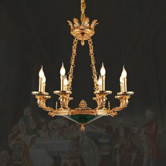 French Retro Brass Candle Chandelier Hall Banquet Villa Living Room Luxury Luminaire European Pastoral Copper Pendant Light