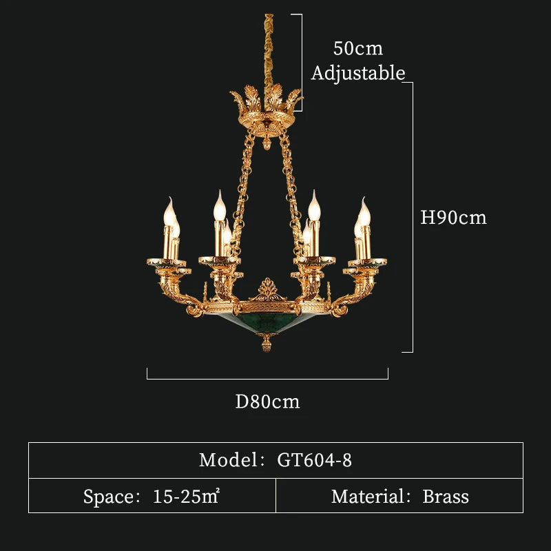 French Retro Brass Candle Chandelier Hall Banquet Villa Living Room Luxury Luminaire European Pastoral Copper Pendant Light