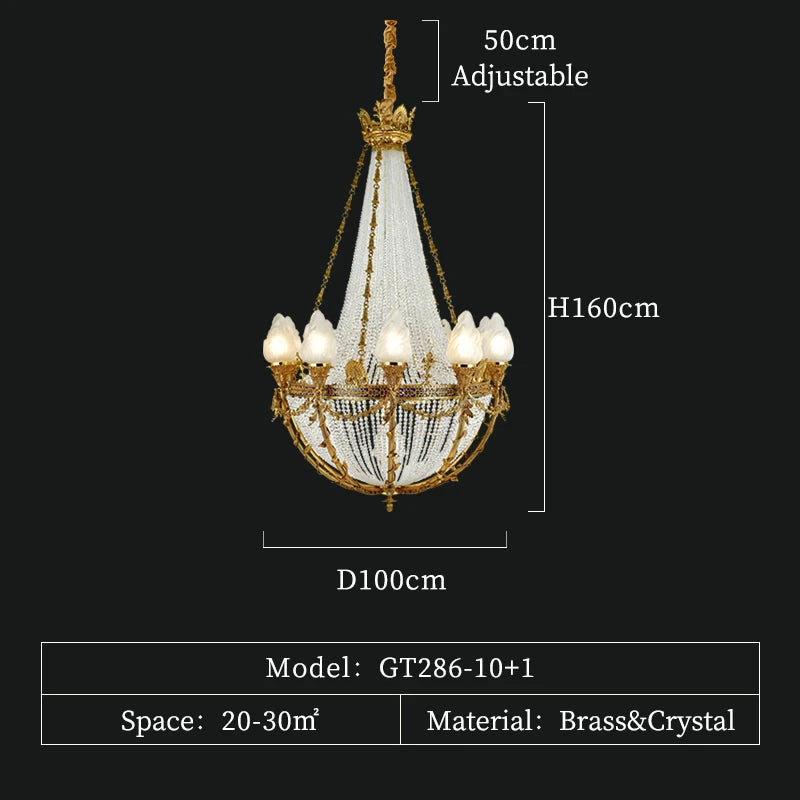 French Style Copper High Ceiling Pendant Light European Traditional Villa Duplex Loft Hall Lamp Brass Crystal Large Chandelier
