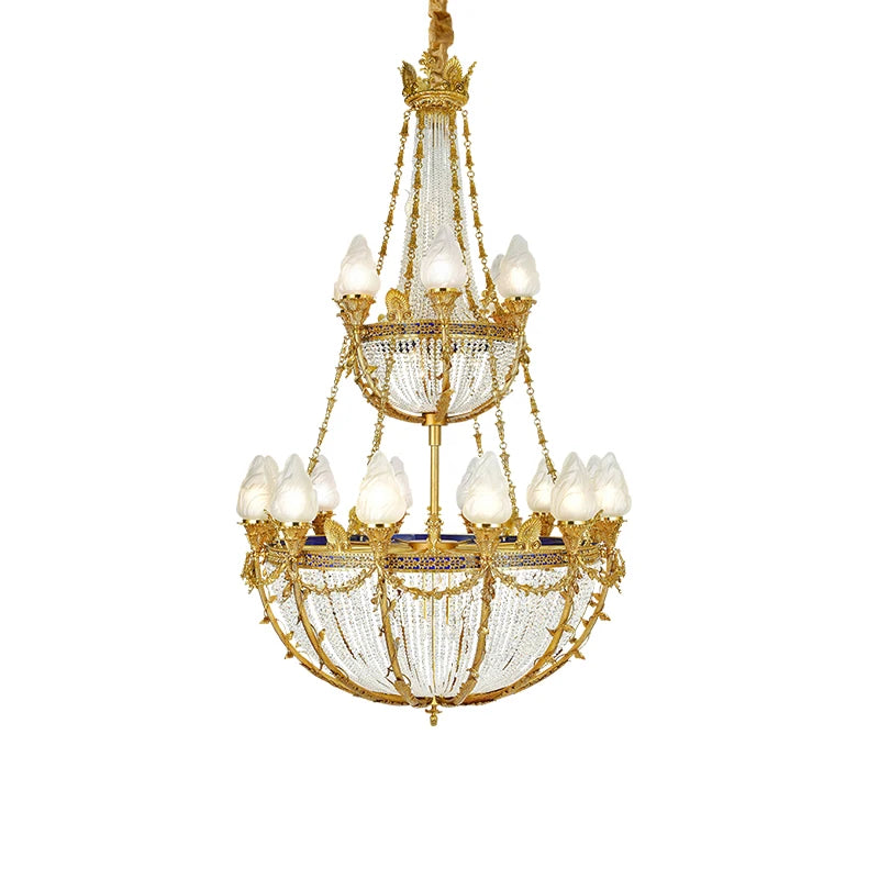 French Style Copper High Ceiling Pendant Light European Traditional Villa Duplex Loft Hall Lamp Brass Crystal Large Chandelier