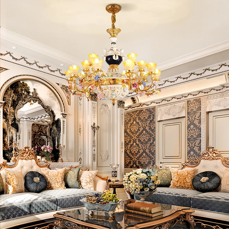 French Style Villa Foyer Brass Colorful Ceramic Flower Chandelier Hotel Lobby Fancy Pendant Copper Pendant Lighting