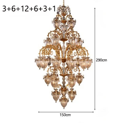 French Villa Living Room Entrance Hall Lamp European-style Atmosphere Hotel Llighting Stairwell Copper Crystal Long Chandelier