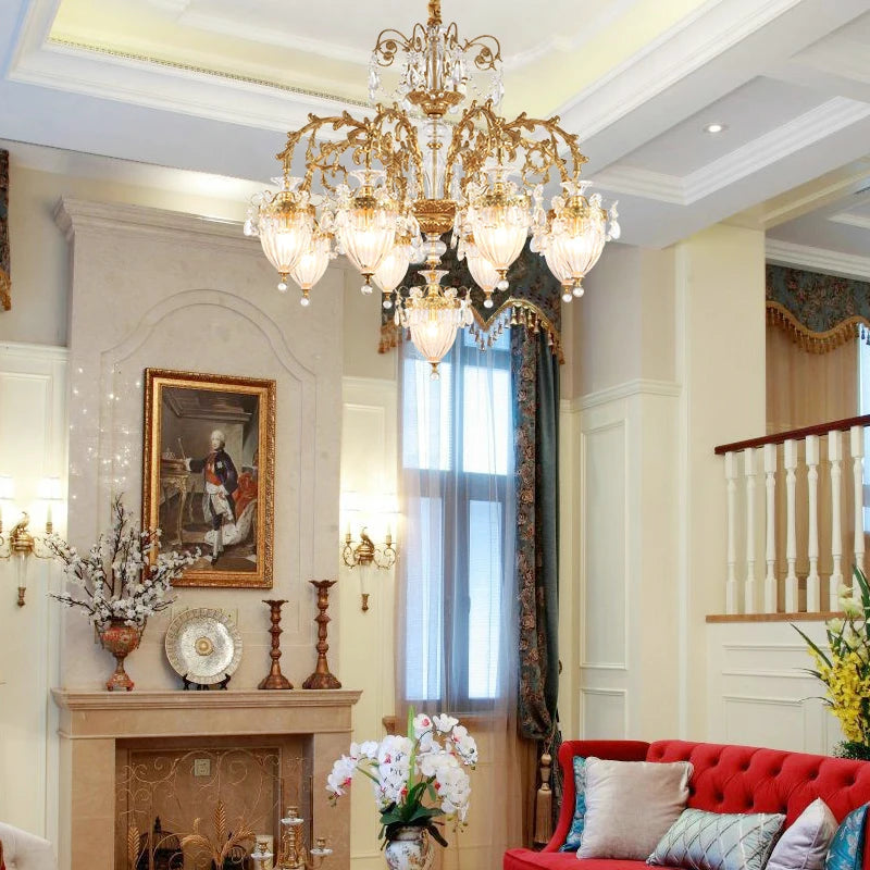 French Villa Living Room Entrance Hall Lamp European-style Atmosphere Hotel Llighting Stairwell Copper Crystal Long Chandelier