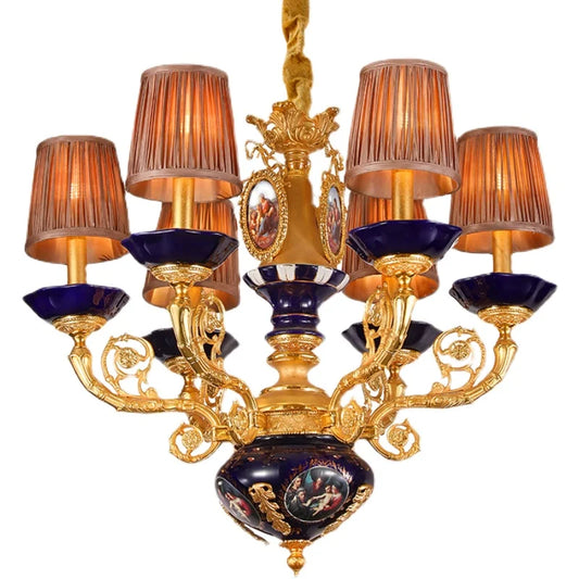 French all copper chandelier European villa lamp luxury warm romantic ceramic light luxury lamp bedroom duplex building