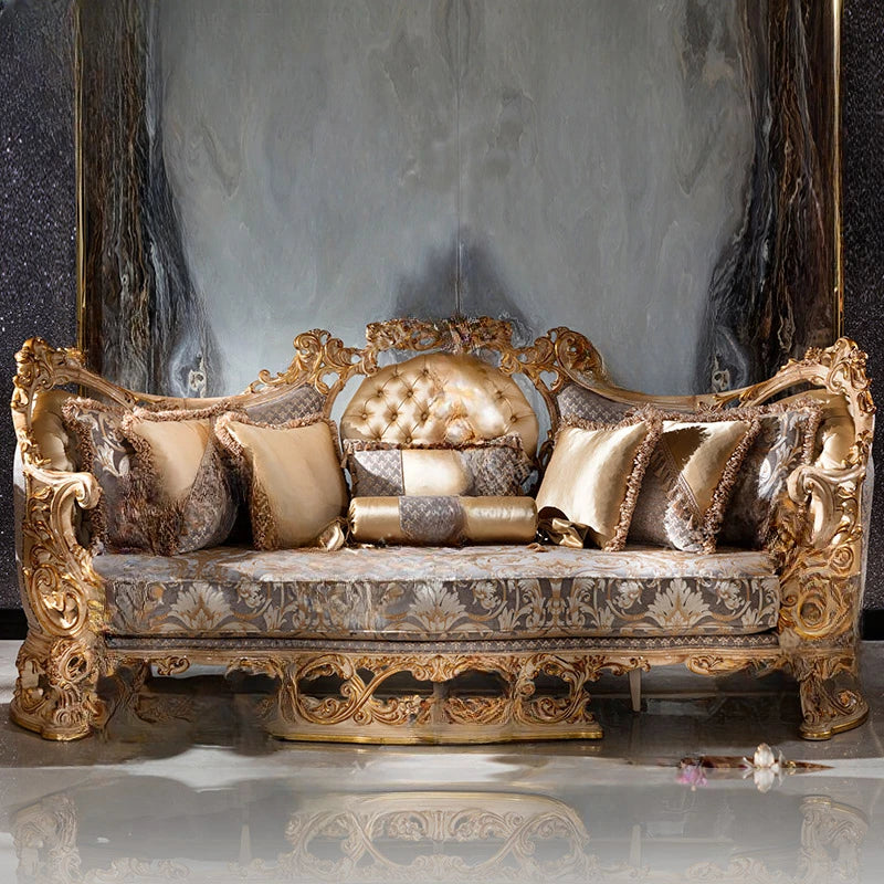 French handmade carved fabric sofa combination villa, palace gold foil sofa, luxurious European solid wood sofa furniture