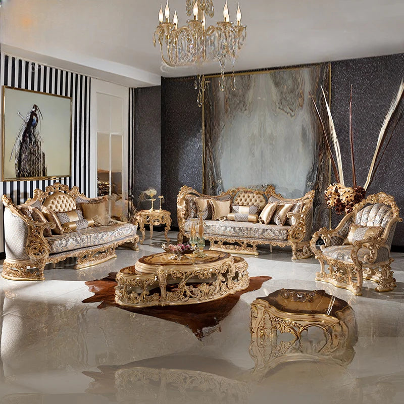 French handmade carved fabric sofa combination villa, palace gold foil sofa, luxurious European solid wood sofa furniture