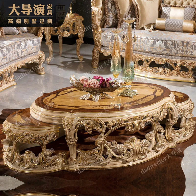 French handmade carved fabric sofa combination villa, palace gold foil sofa, luxurious European solid wood sofa furniture