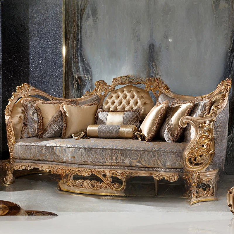 French handmade carved fabric sofa combination villa, palace gold foil sofa, luxurious European solid wood sofa furniture