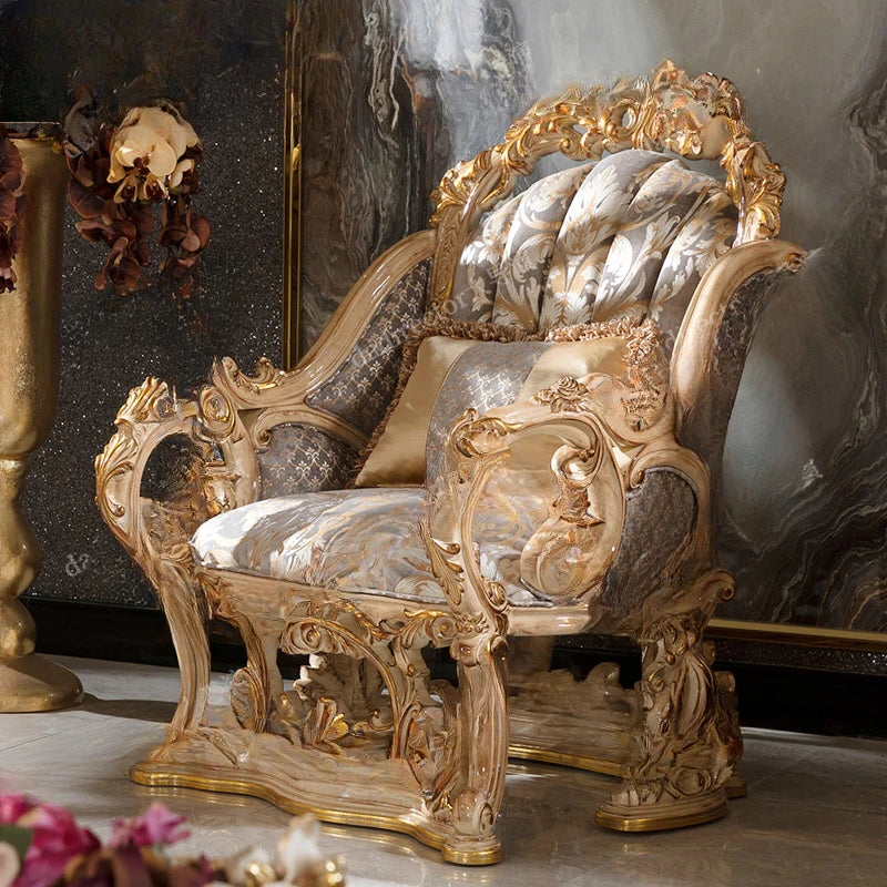 French handmade carved fabric sofa combination villa, palace gold foil sofa, luxurious European solid wood sofa furniture