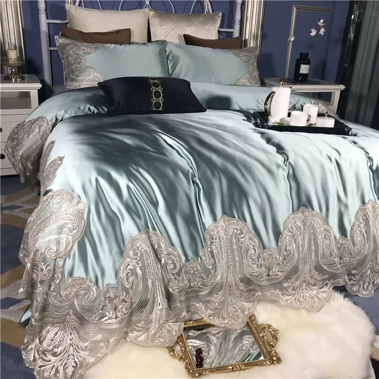 & French silk cotton lace bed set with four pieces, European long staple cotton duvet cover, light luxury 1.8m bedding