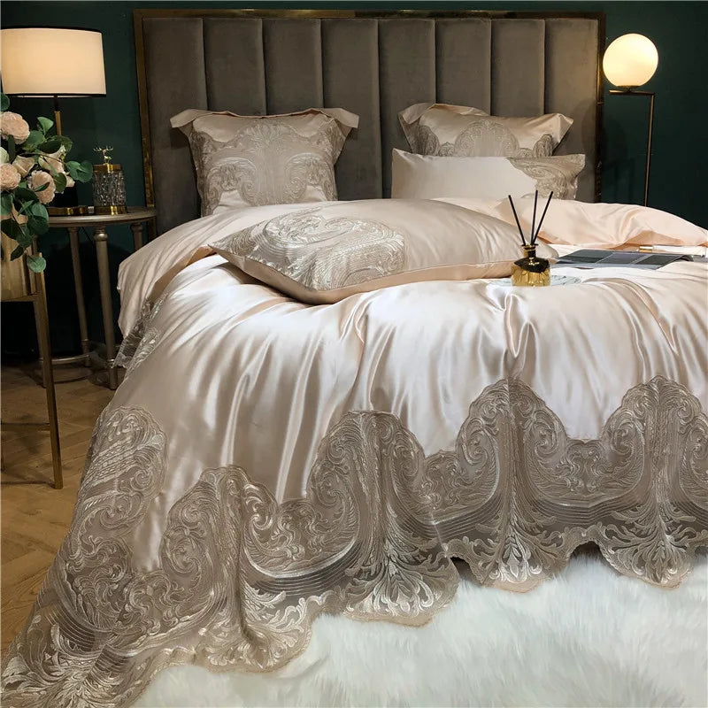 & French silk cotton lace bed set with four pieces, European long staple cotton duvet cover, light luxury 1.8m bedding