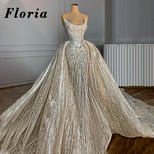 Full Beading Crystal Wedding Dresses Gorgeous Sweep Train Bride Dresses 2021 Arabic Dubai Bridal Gowns Kaftans Vestido De Noiva