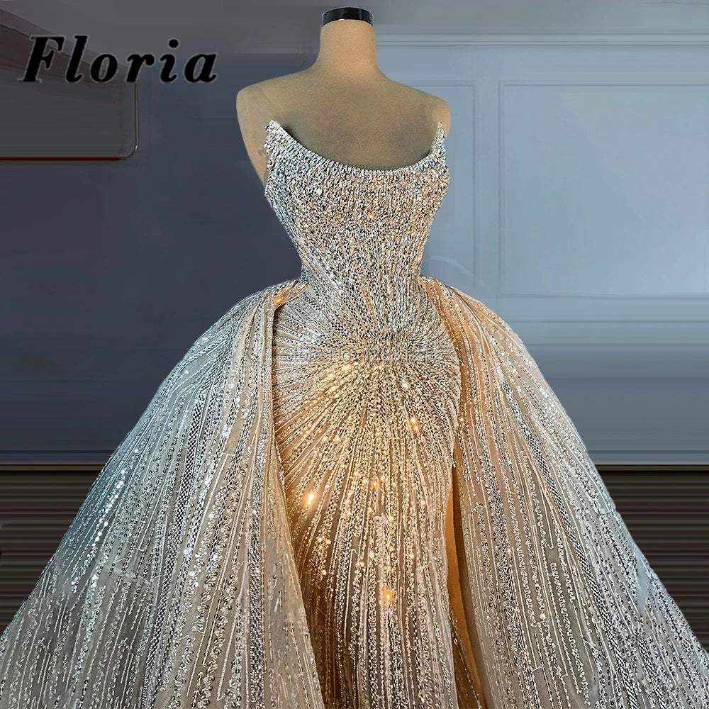 Full Beading Crystal Wedding Dresses Gorgeous Sweep Train Bride Dresses 2021 Arabic Dubai Bridal Gowns Kaftans Vestido De Noiva