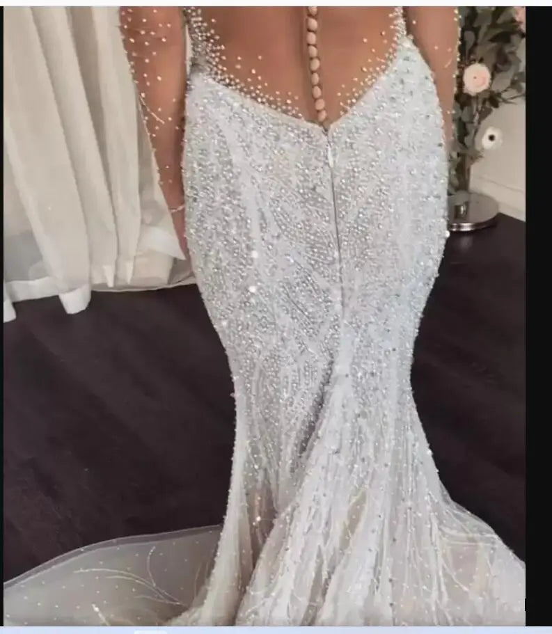 Full Heavy Crystal Beaded Mermaid Wedding Dresses Luxury See Through  Long Sleeves African Plus Size Buttons Back Bridal Gown