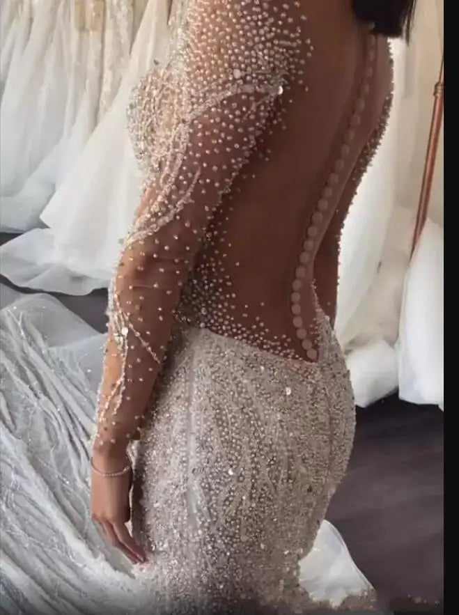 Full Heavy Crystal Beaded Mermaid Wedding Dresses Luxury See Through  Long Sleeves African Plus Size Buttons Back Bridal Gown