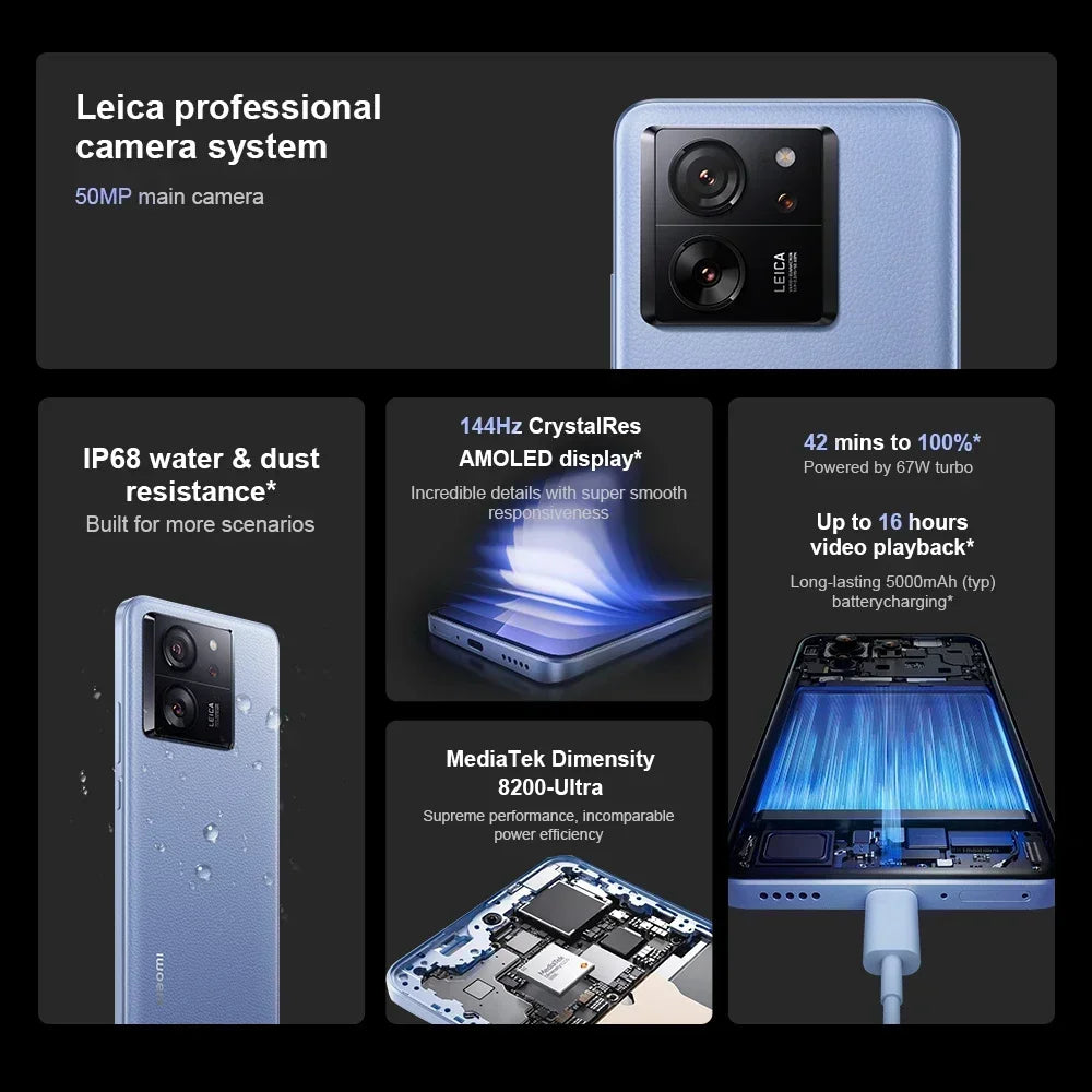 Global Version Xiaomi 13T 5G Leica Camera Large Screen 144HZ High Refresh Rate IP68 Waterproof NFC MediaTek Dimensity 8200-Ultra