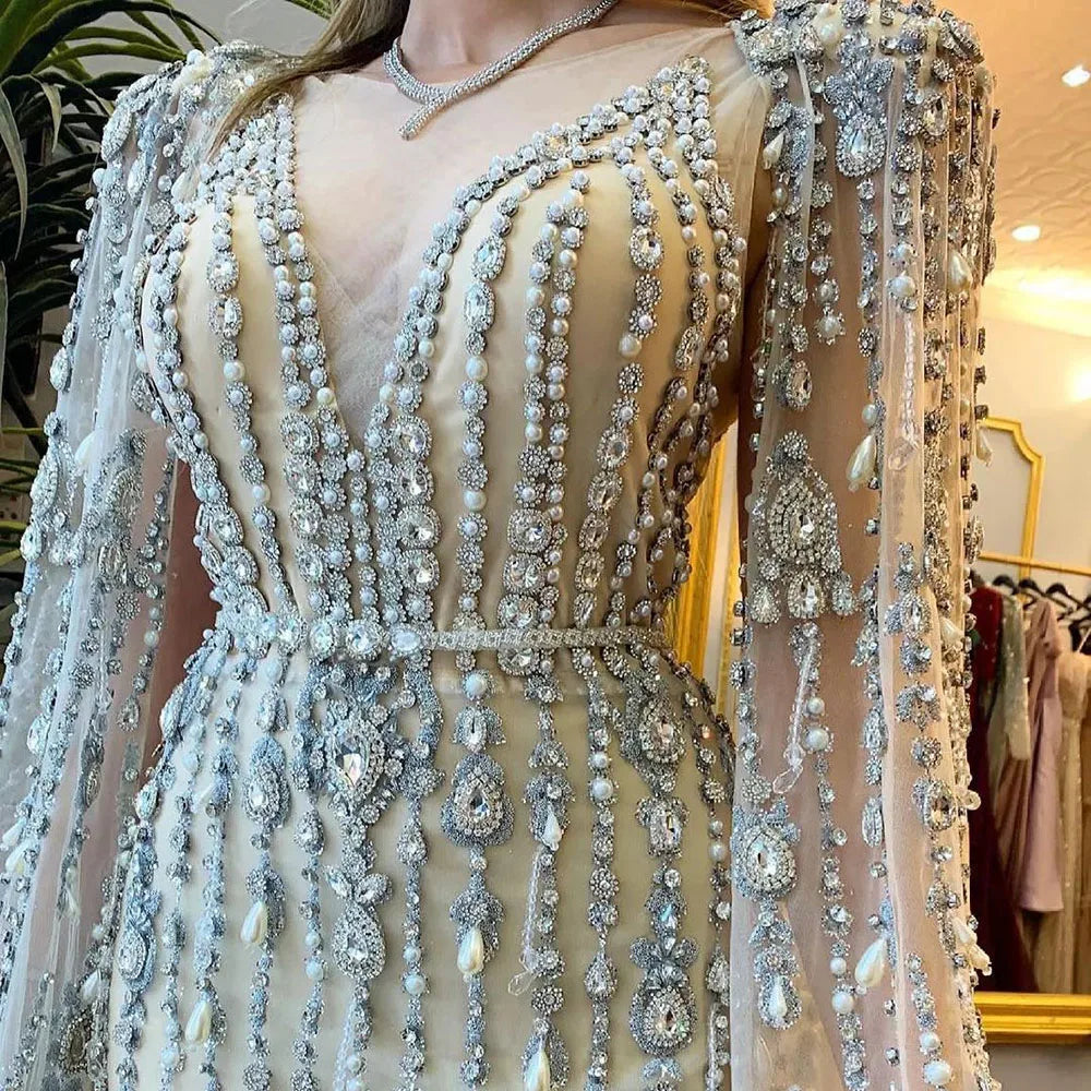 Gold Luxury Cape Sleeve Evening Dresses Gowns 2023 Beaded Mermaid Elegant For Women Party Serene Hill Couture LA71463