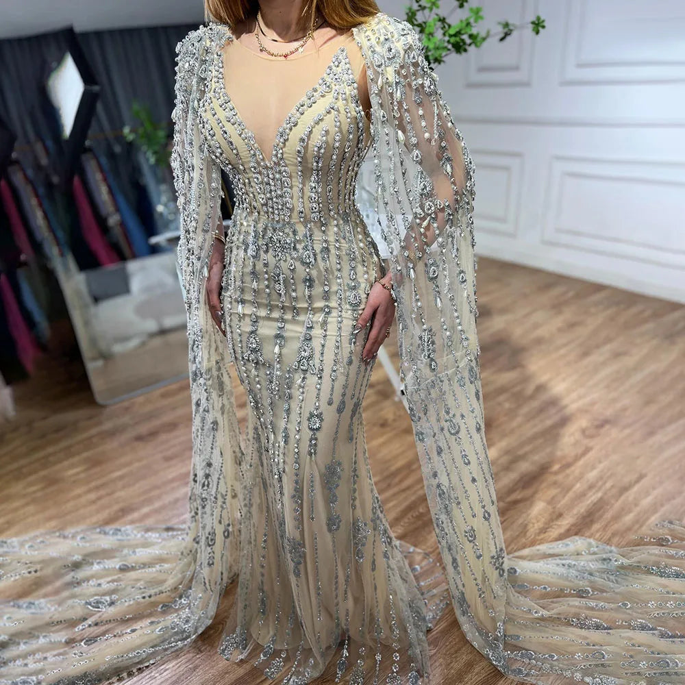 Gold Luxury Cape Sleeve Evening Dresses Gowns 2023 Beaded Mermaid Elegant For Women Party Serene Hill Couture LA71463