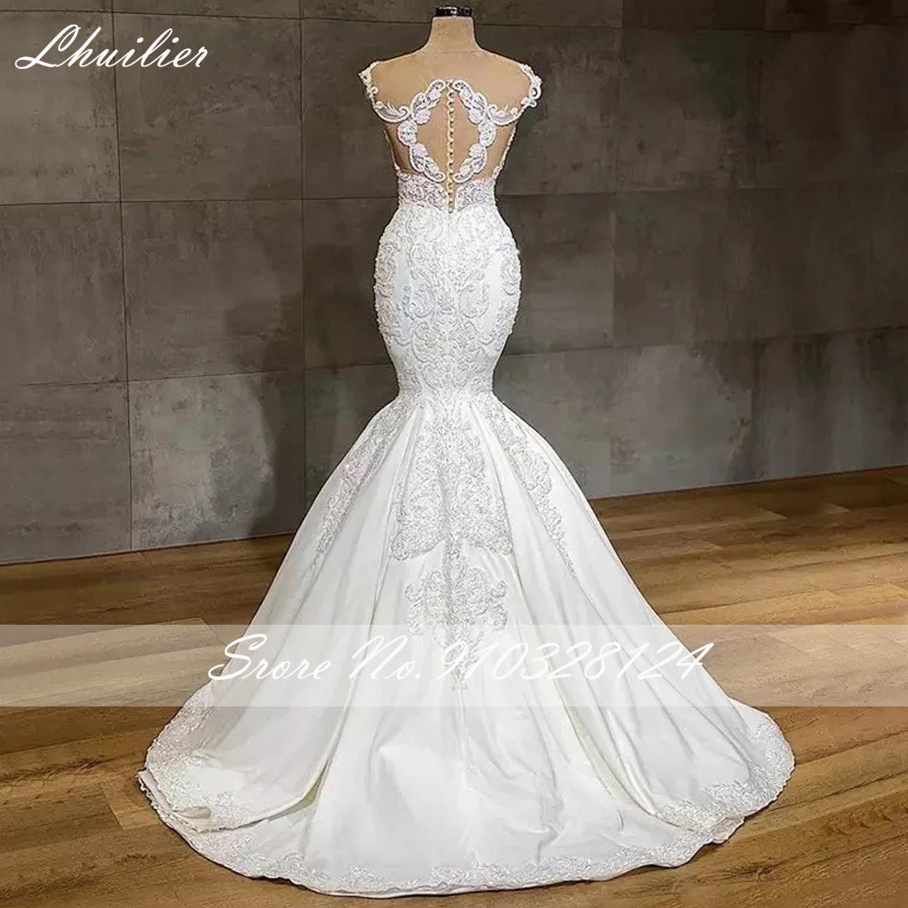 Lhuilier Luxury Women's Sleeveless Mermaid Wedding Dresses Crystal Beaded Floor Length Bridal Dress Sweep Train