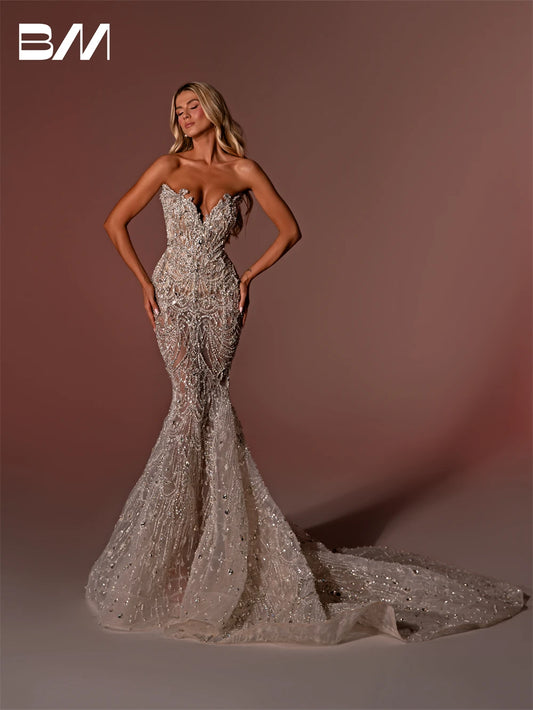 Hand-sewn Beaded Mermaid Wedding Dress Luxury Strapless Custom Made Wedding Dresses For Women Illusion Crystal Bridal Gown