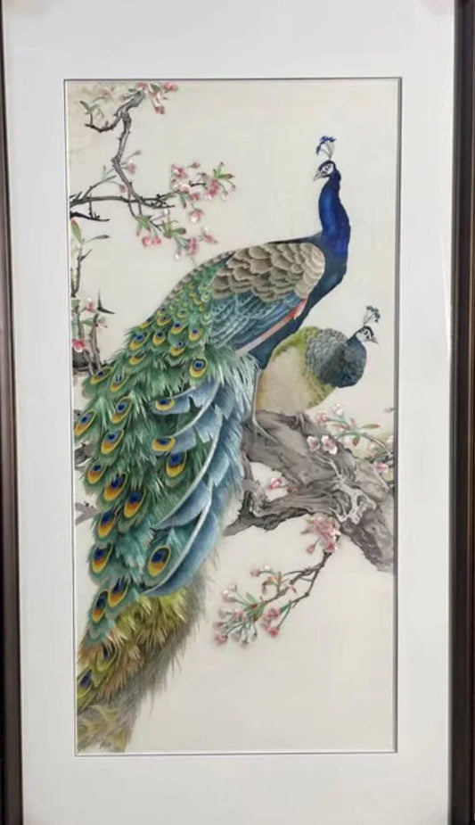 Handmade 100% Mulberry Silk Thread Finished Suzhou Embroidery Not Include Wood Frame ,Beatuy Peacocks 50*100cm