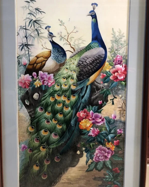 Handmade 100% Mulberry Silk Thread Finished Suzhou Embroidery Not Include Wood Frame ,Peacocks 50*100cm