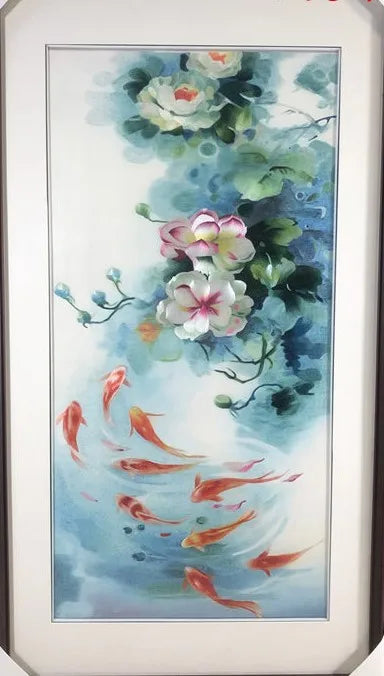 Handmade 100% Mulberry Silk Thread Finished Suzhou Embroidery not include frame ,Lotus And Fishes 50*100cm