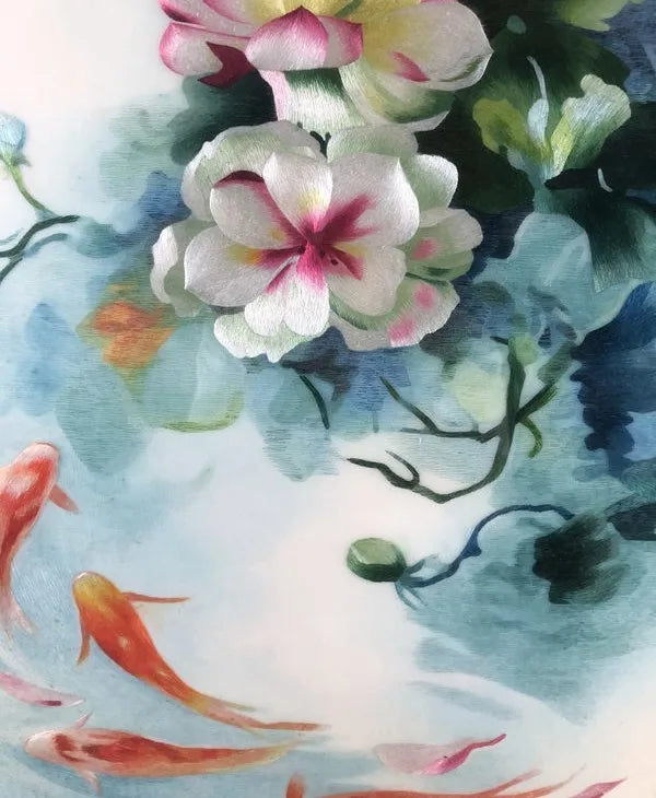 Handmade 100% Mulberry Silk Thread Finished Suzhou Embroidery not include frame ,Lotus And Fishes 50*100cm