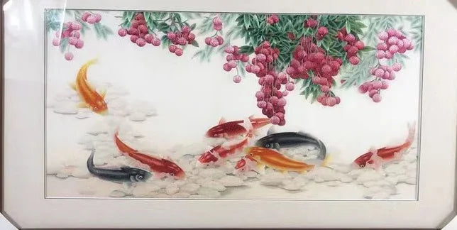 Handmade 100% Mulberry Silk Thread Finished Suzhou Embroidery not include frame ,Lychee and carp 50*100cm