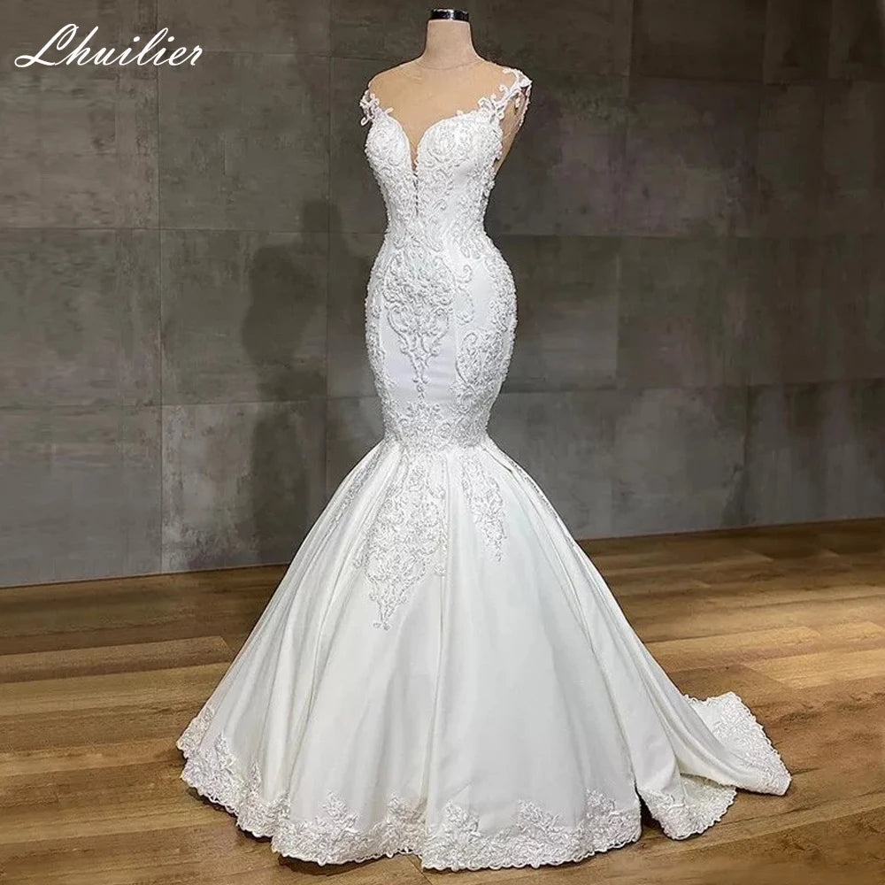 Lhuilier Luxury Women's Sleeveless Mermaid Wedding Dresses Crystal Beaded Floor Length Bridal Dress Sweep Train