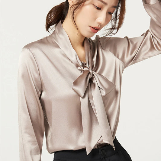 Heavyweight Mulberry Silk Shirt Women's 2023 Spring and Autumn New Long Sleeve Satin Silk Blouse V-neck Bow Ribbon Shirt