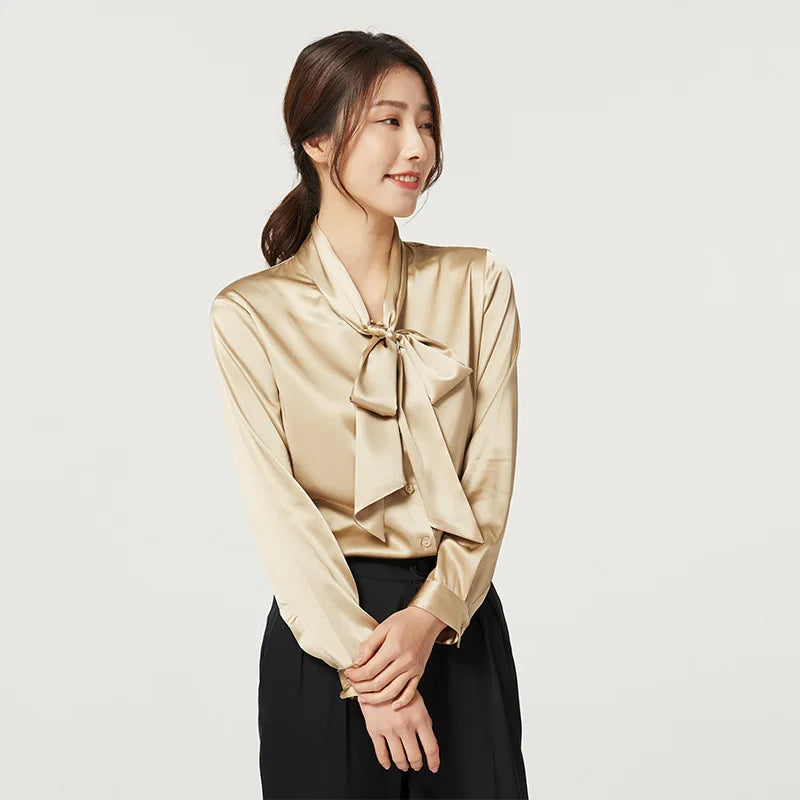 Heavyweight Mulberry Silk Shirt Women's 2023 Spring and Autumn New Long Sleeve Satin Silk Blouse V-neck Bow Ribbon Shirt