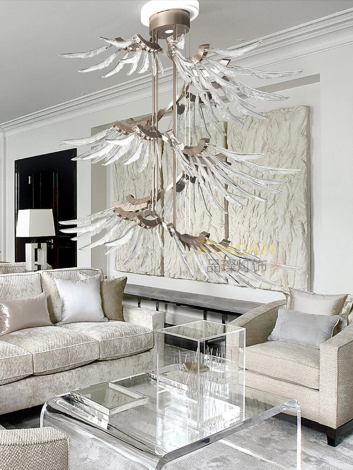 High-end crystal glass chandelier personality feather ceiling lamp atmospheric villa hollow Loft staircase Loft hall lighting