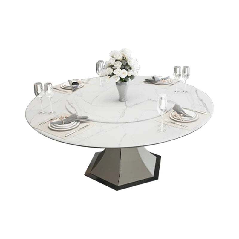 Italian light luxury rockboard round table with turntable modern simple solid wood dining table and chair combination furniture