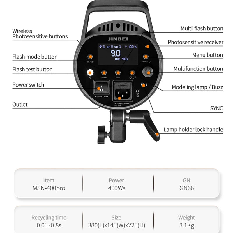 JINBEI MSN 400pro High Speed Studio Flash 400W Professional Photography Fill Light Equipment HSS/FRE Mode