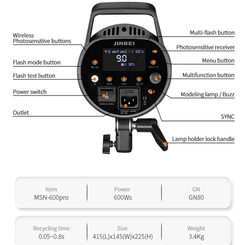 JINBEI MSN 600pro 600W High Speed Studio Flash Professional Photography Fill Light Equipment HSS/FRE Mode