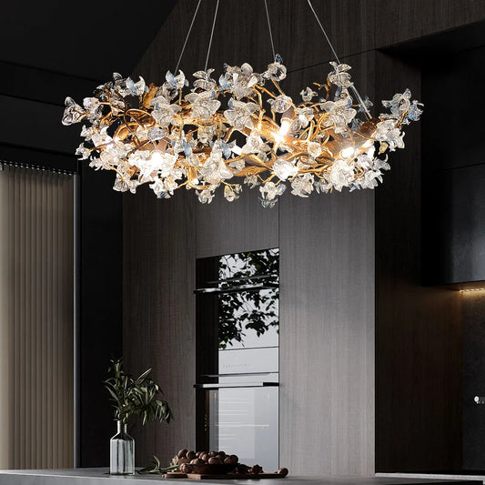 JMZM Modern light luxury crystal chandelier living room main lamp villa atmosphere round restaurant lamp flower bedroom lamp