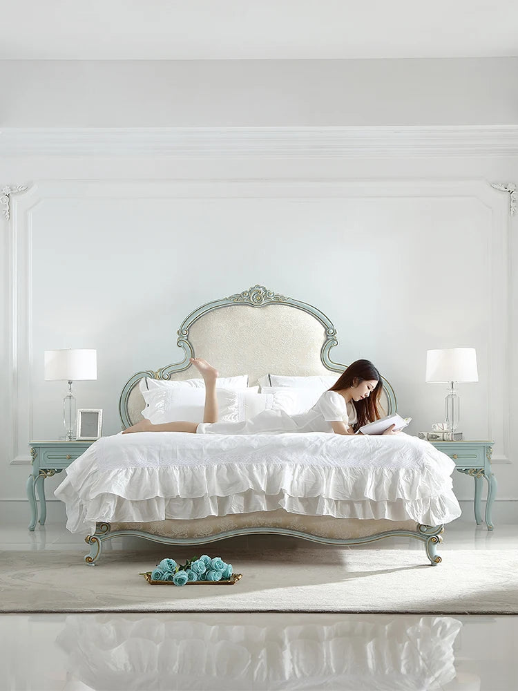 Jane Ou light luxury master bedroom fresh and romantic 1.8m solid wood fabric princess bed