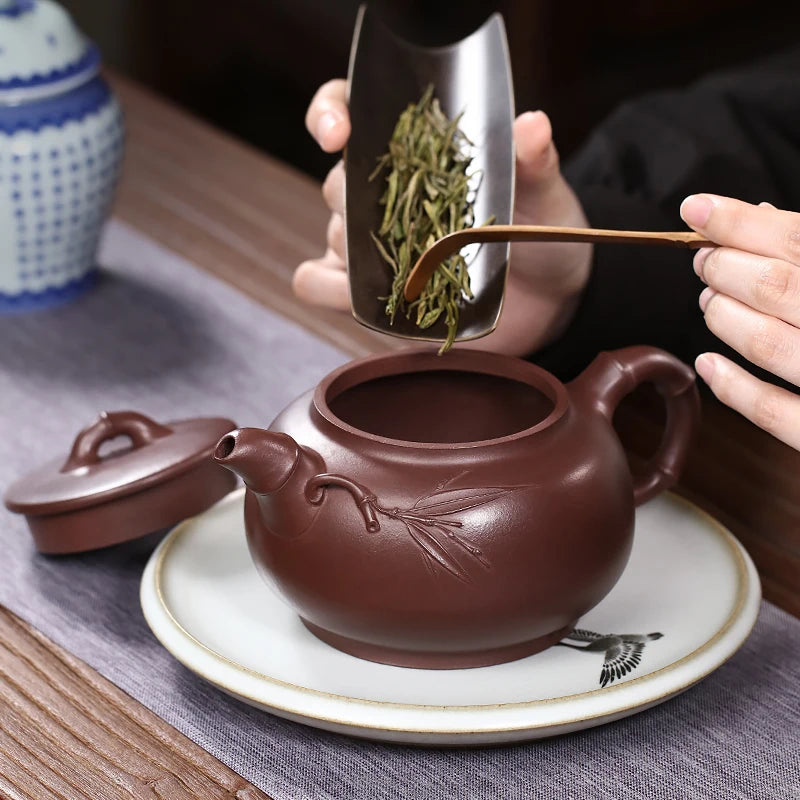 Large Capacity Yixing Purple Clay Pot, Pure Handmade Decal Bamboo, Tea Set, Original Mine, Mud, High Grade