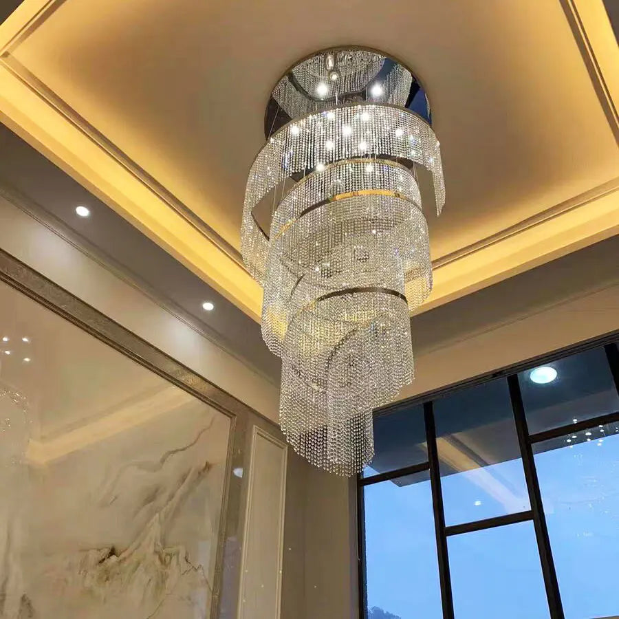 Large LED Spiral Crystal Chandelier Light Luxury Lamp Long Villa Living Room Staircase Hall Duplex Building Interior Lighing Dec