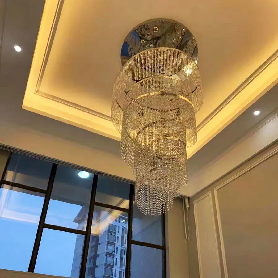 Large LED Spiral Crystal Chandelier Light Luxury Lamp Long Villa Living Room Staircase Hall Duplex Building Interior Lighing Dec