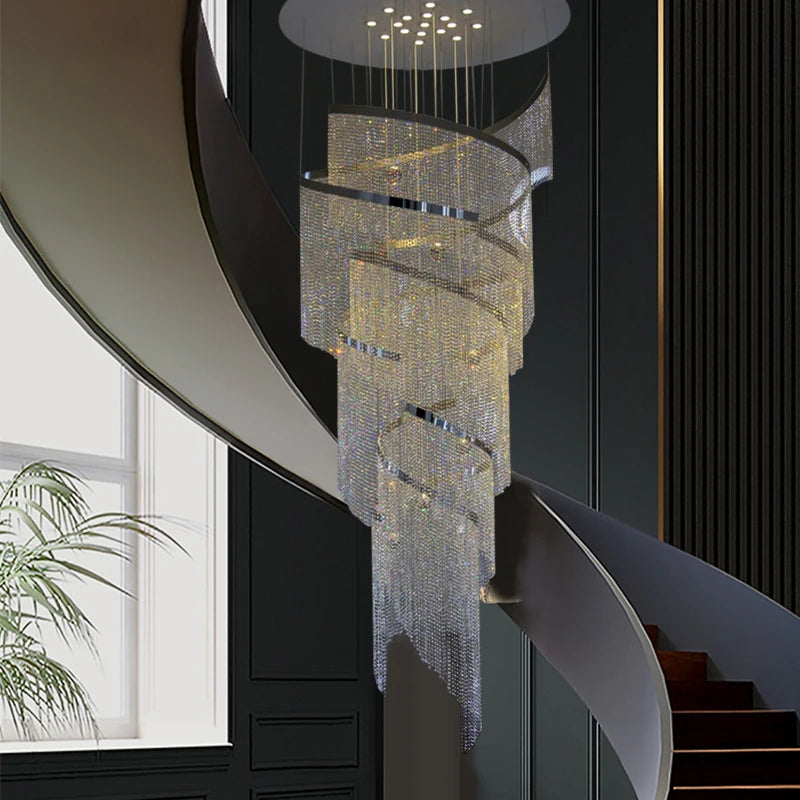 Large LED Spiral Crystal Chandelier Light Luxury Lamp Long Villa Living Room Staircase Hall Duplex Building Interior Lighing Dec