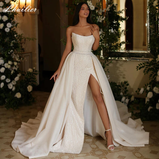 Lhuillier 2 in 1 Strapless Mermaid Beading Lace Wedding Dresses Sleeveless High Slit Bridal Dress with Detachable Train