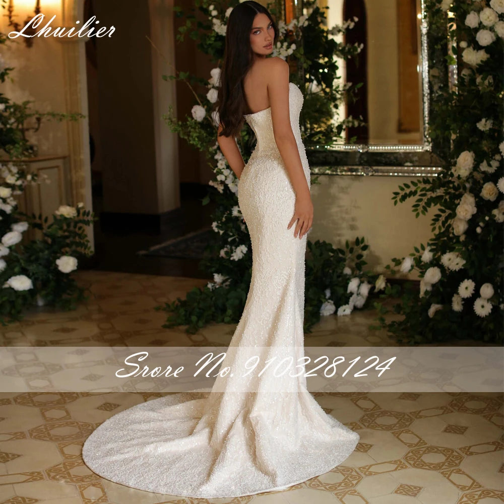 Lhuillier 2 in 1 Strapless Mermaid Beading Lace Wedding Dresses Sleeveless High Slit Bridal Dress with Detachable Train