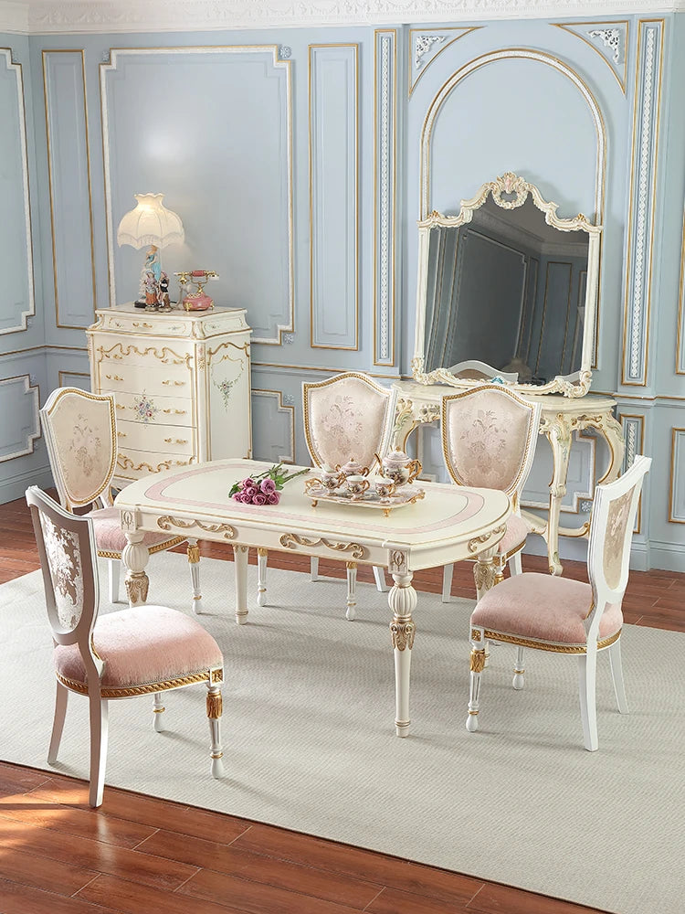 Light luxury dining table and chair combination multi-size solid wood retro European pink light dining table