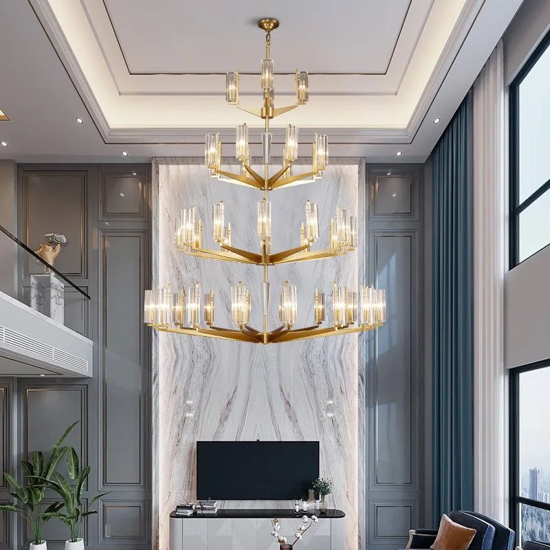 Light luxury post-modern living room large chandelier all copper duplex villa staircase chandelier