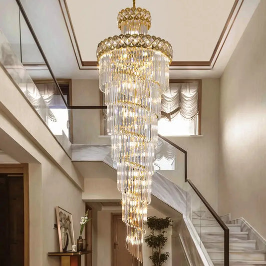 Living room chandelier, villa, middle floor, crystal lamp, light luxury, long chandelier of rotating stairs